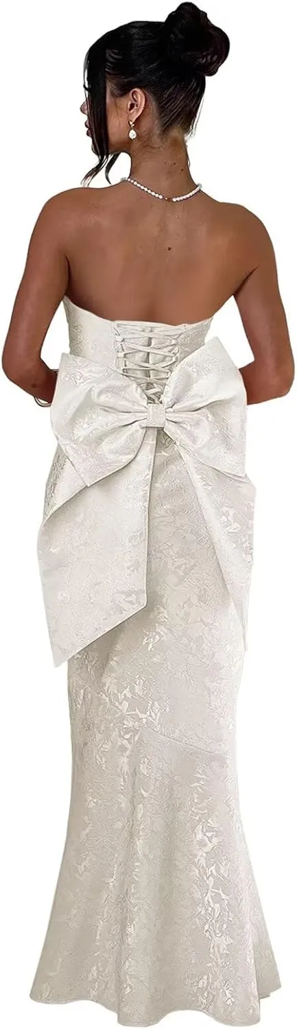 Fivsole Satin Prom Dresses with Bow Strapless Long Satin Formal Evening Party Gown