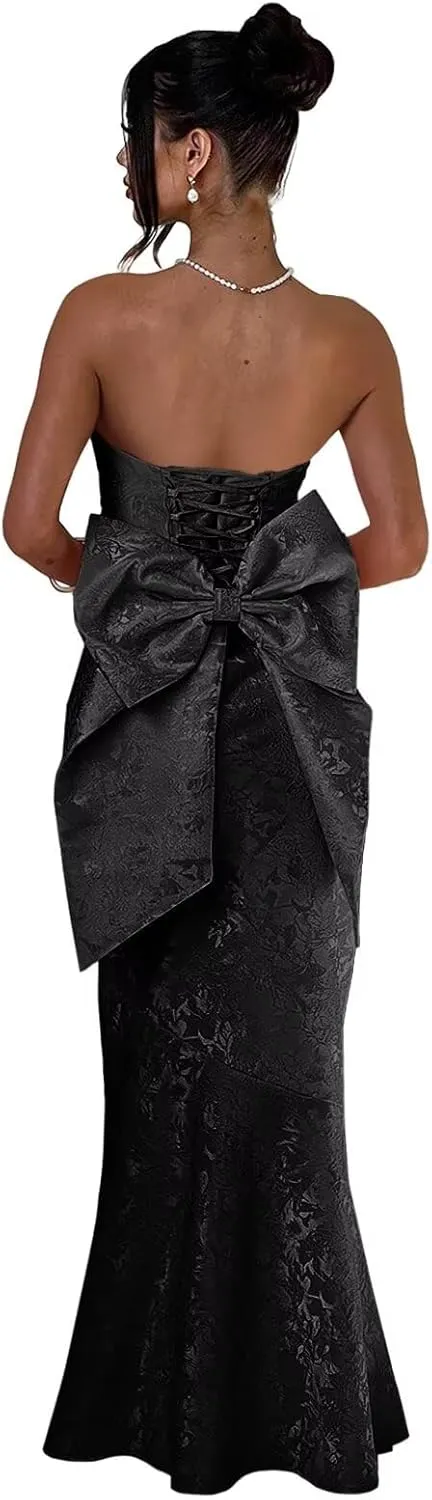 Fivsole Satin Prom Dresses with Bow Strapless Long Satin Formal Evening Party Gown
