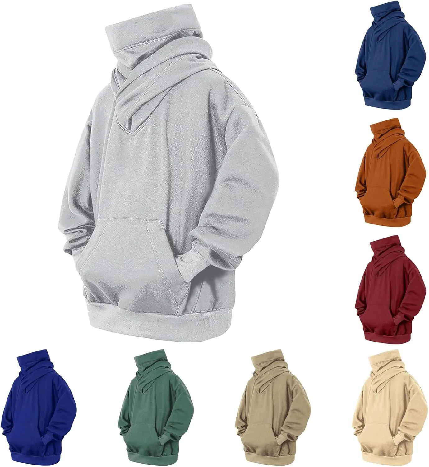 Fleece Hoodies for Men, Cowl Neck Sweatshirts Casual Long Sleeve Pullover Fall Winter Warm Loose Fit Solid Tops