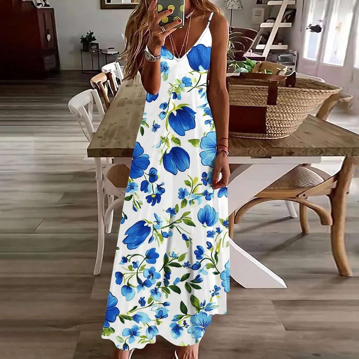 Floral Dress for Women Sexy Sleeveless Spaghetti Strap Boho Sundress Ruched Empire Waist V-Neck Maxi Dresses