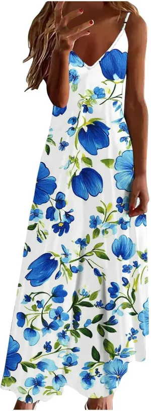 Floral Dress for Women Sexy Sleeveless Spaghetti Strap Boho Sundress Ruched Empire Waist V-Neck Maxi Dresses