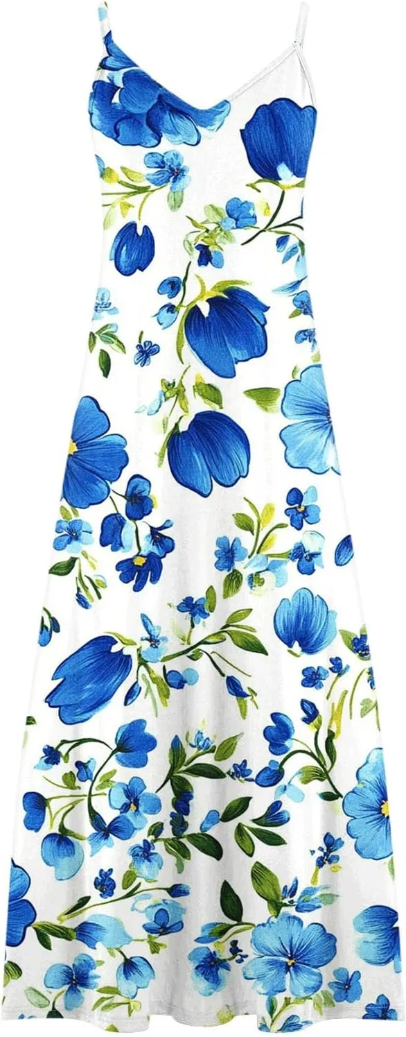 Floral Dress for Women Sexy Sleeveless Spaghetti Strap Boho Sundress Ruched Empire Waist V-Neck Maxi Dresses