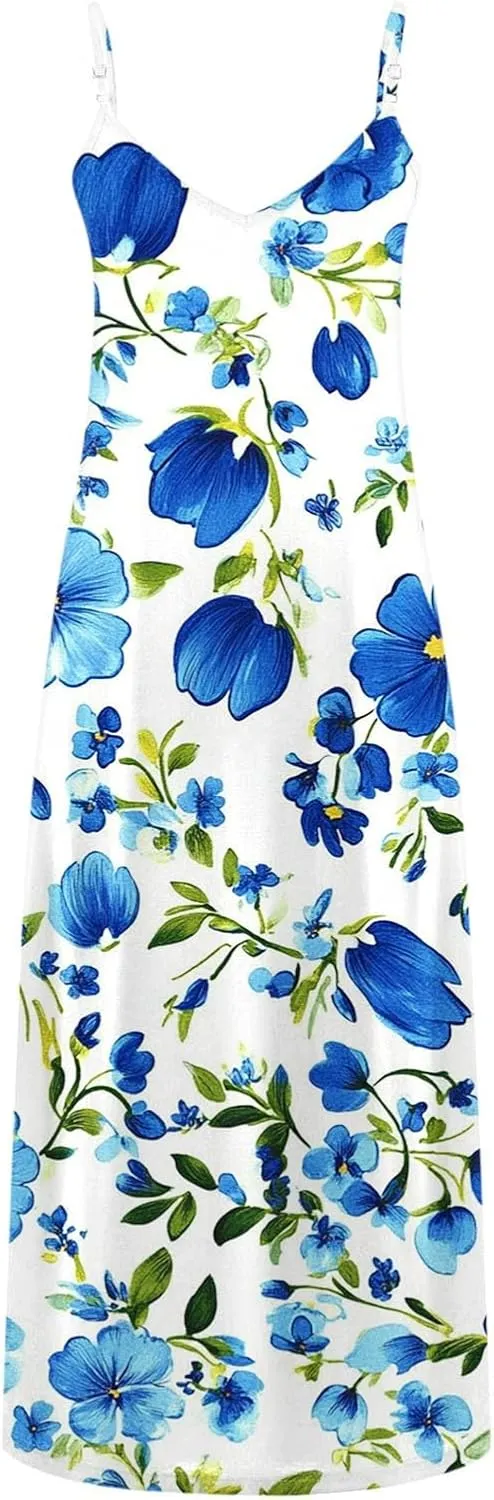 Floral Dress for Women Sexy Sleeveless Spaghetti Strap Boho Sundress Ruched Empire Waist V-Neck Maxi Dresses