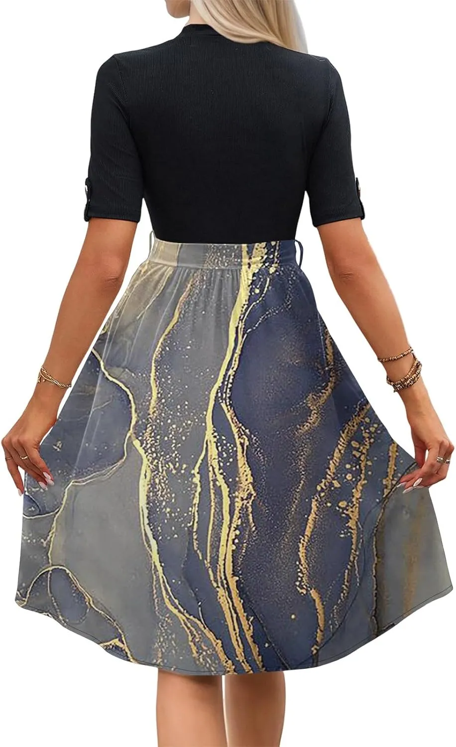 Floral Dresses Flowy Short Sleeve Empire Waist Summer Crewneck Midi Length Fashion Belted Sundresses for Women