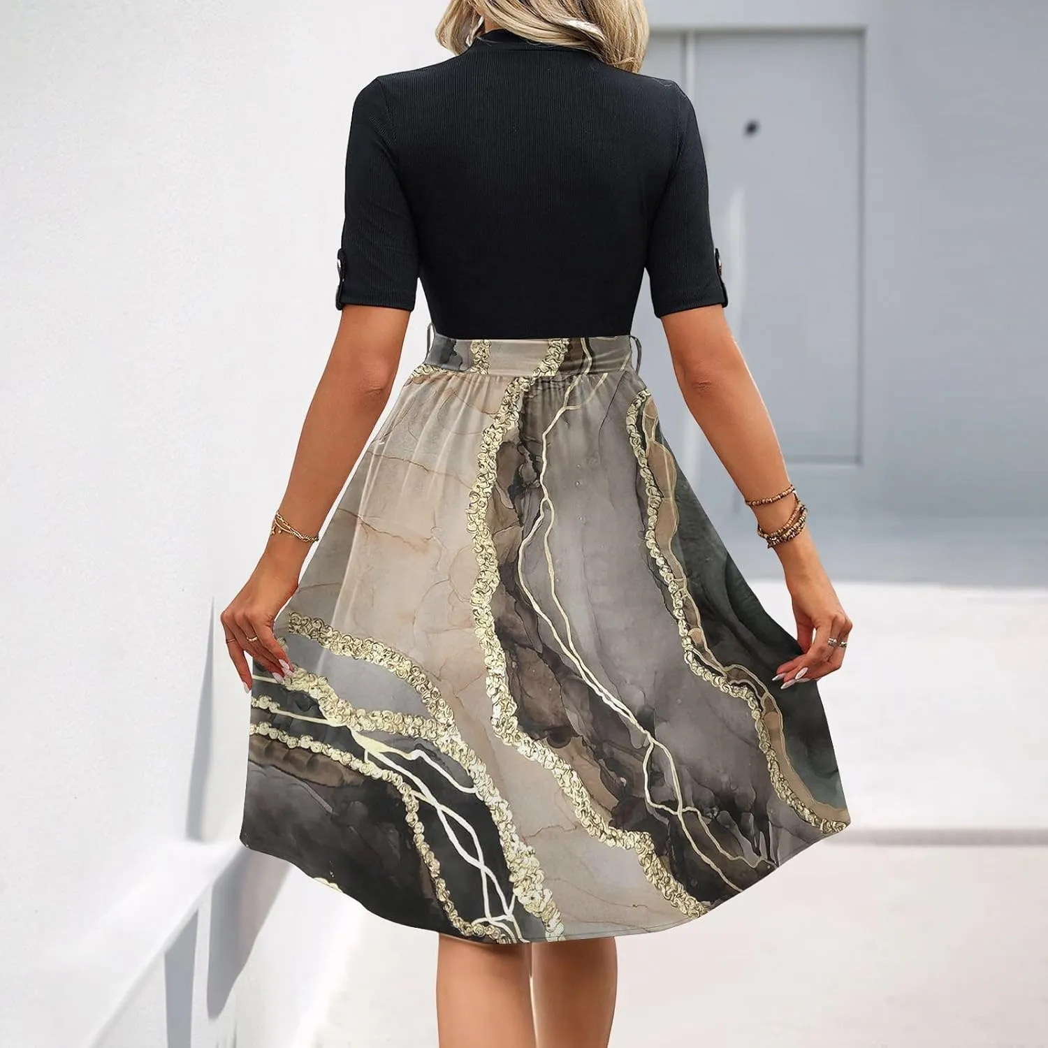 Floral Dresses Flowy Short Sleeve Empire Waist Summer Crewneck Midi Length Fashion Belted Sundresses for Women