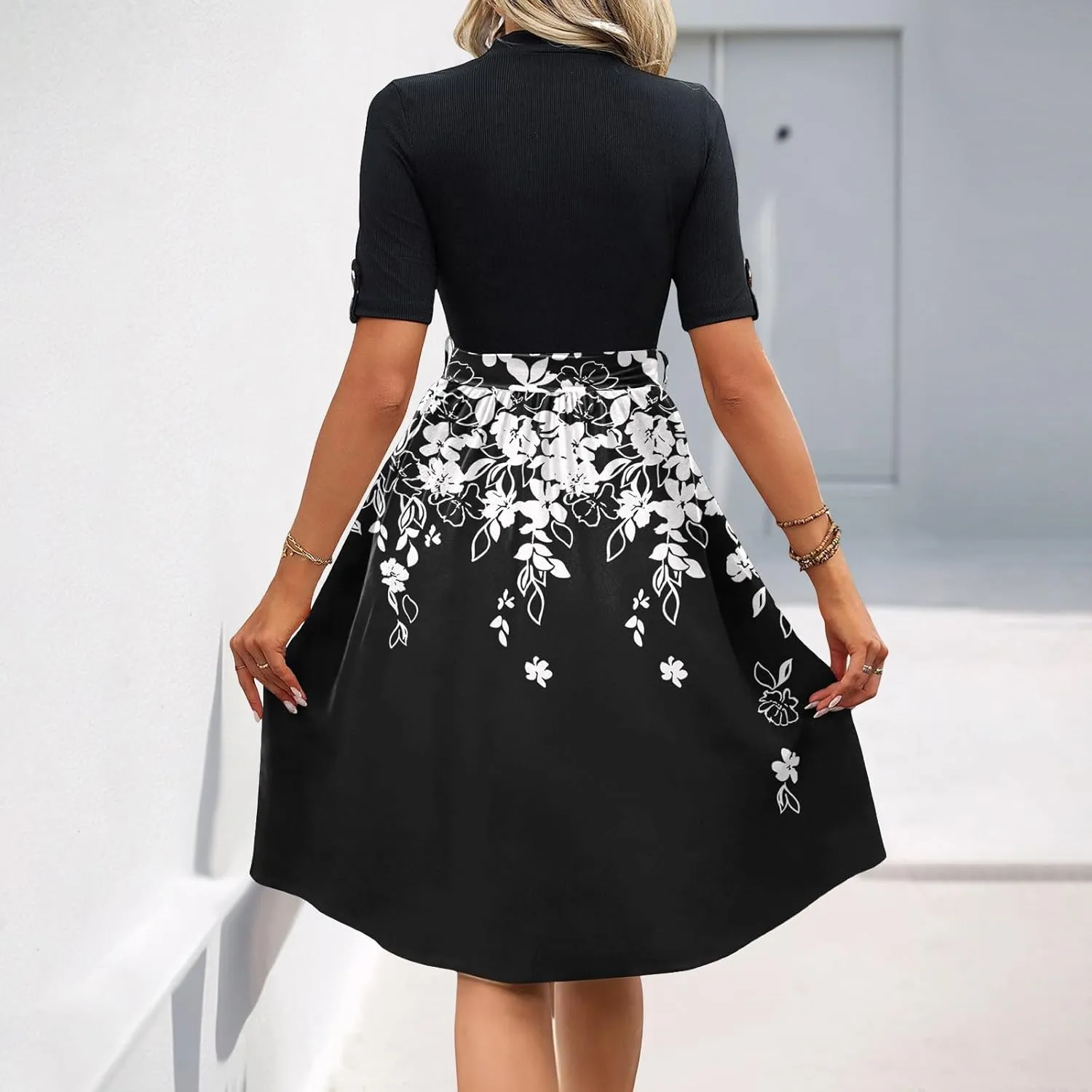 Floral Dresses Flowy Short Sleeve Empire Waist Summer Crewneck Midi Length Fashion Belted Sundresses for Women