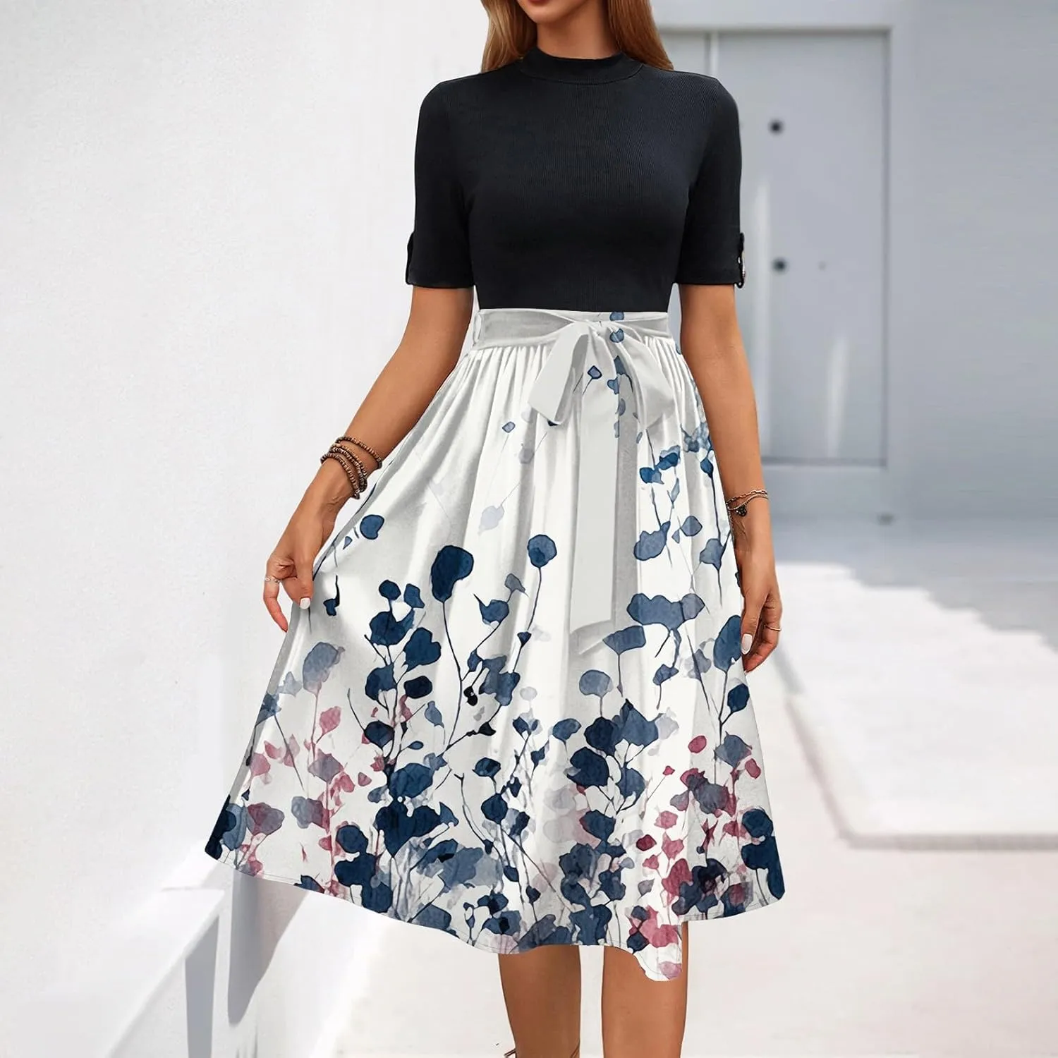 Floral Dresses Flowy Short Sleeve Empire Waist Summer Crewneck Midi Length Fashion Belted Sundresses for Women