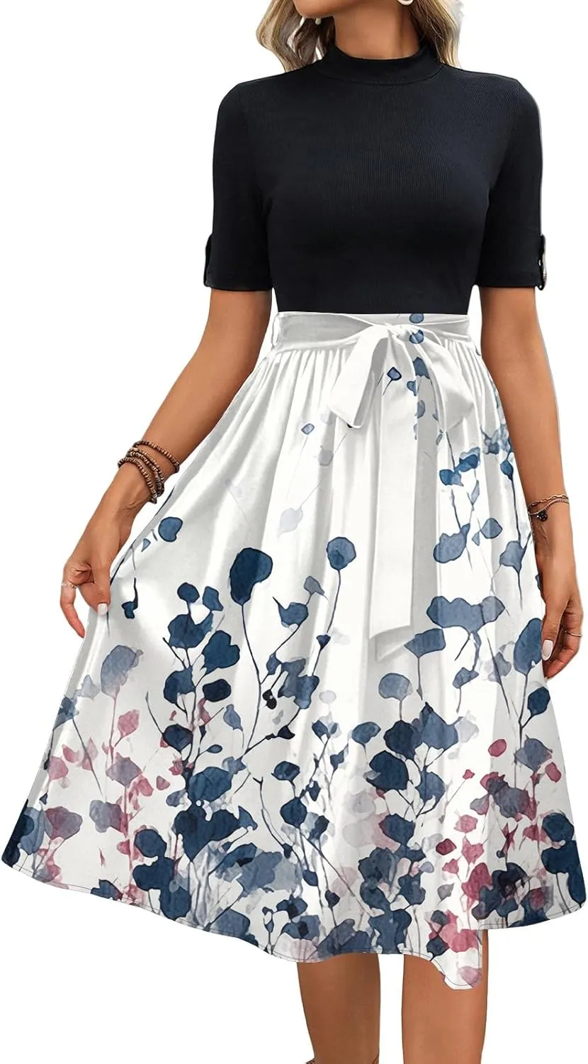 Floral Dresses Flowy Short Sleeve Empire Waist Summer Crewneck Midi Length Fashion Belted Sundresses for Women
