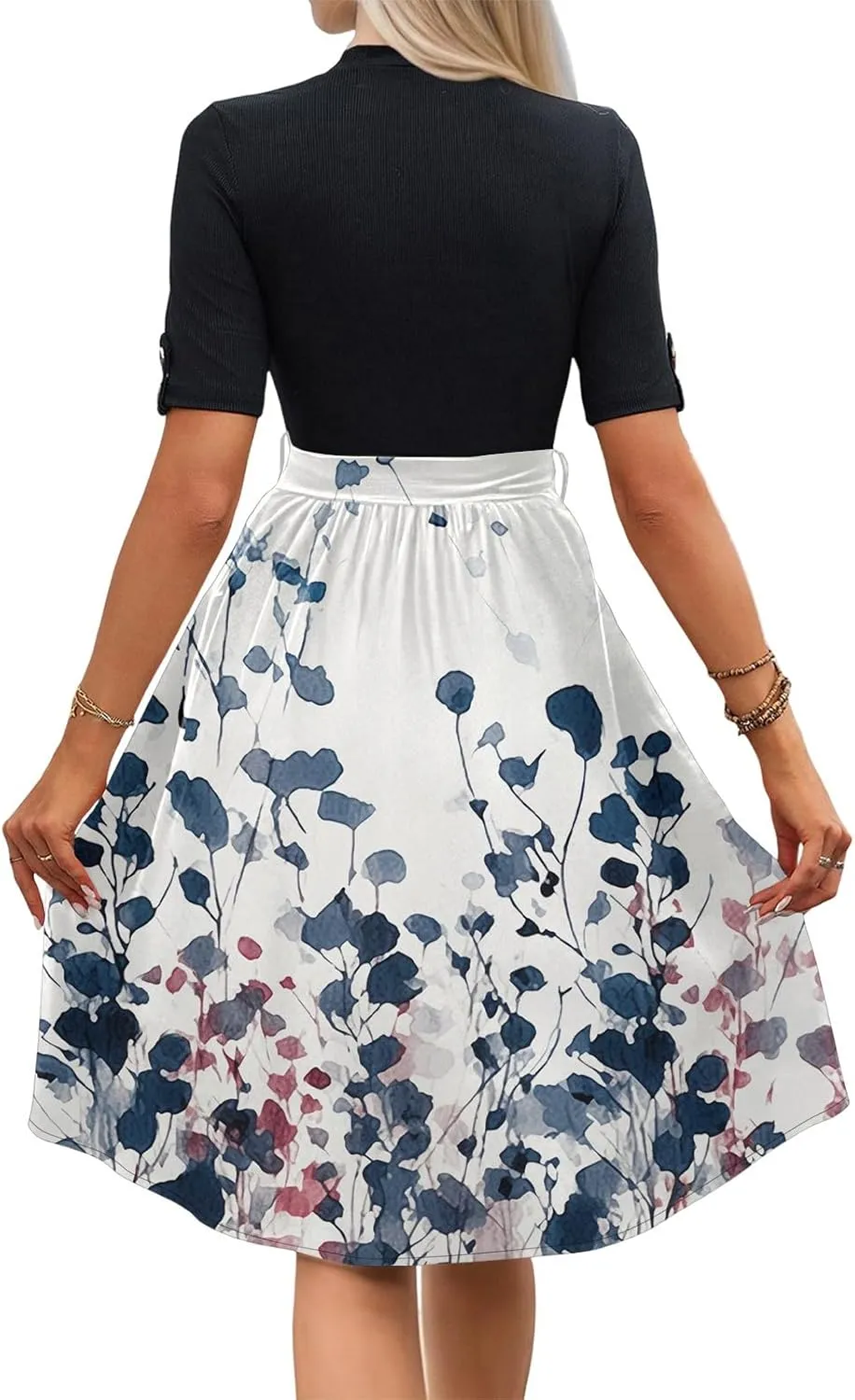 Floral Dresses Flowy Short Sleeve Empire Waist Summer Crewneck Midi Length Fashion Belted Sundresses for Women