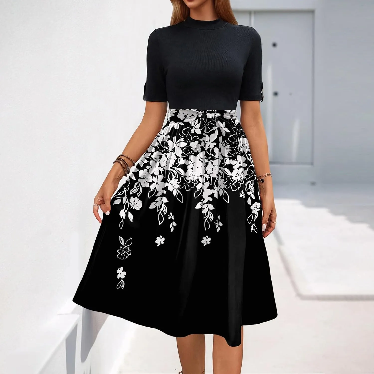 Floral Dresses Flowy Short Sleeve Empire Waist Summer Crewneck Midi Length Fashion Belted Sundresses for Women