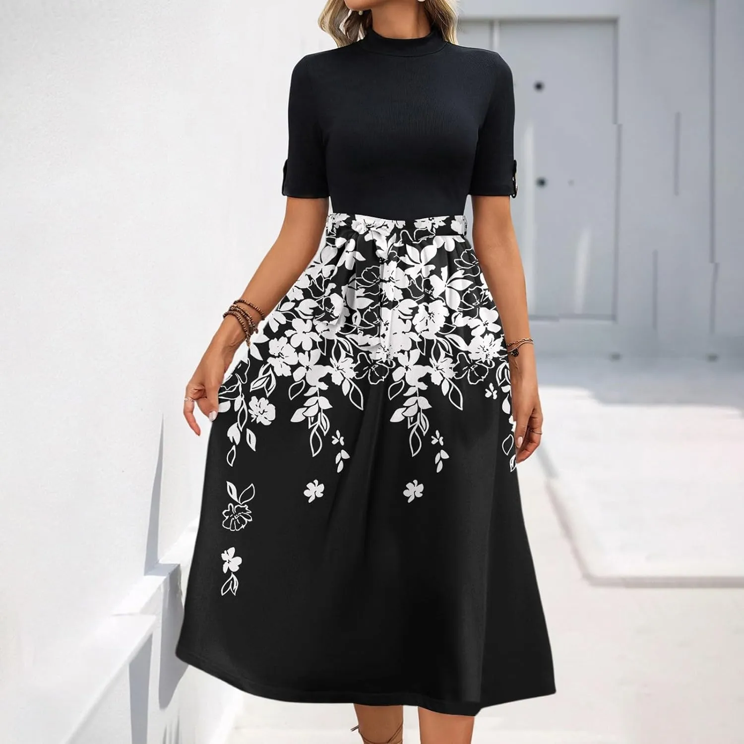 Floral Dresses Flowy Short Sleeve Empire Waist Summer Crewneck Midi Length Fashion Belted Sundresses for Women
