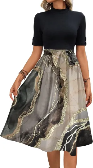 Floral Dresses Flowy Short Sleeve Empire Waist Summer Crewneck Midi Length Fashion Belted Sundresses for Women