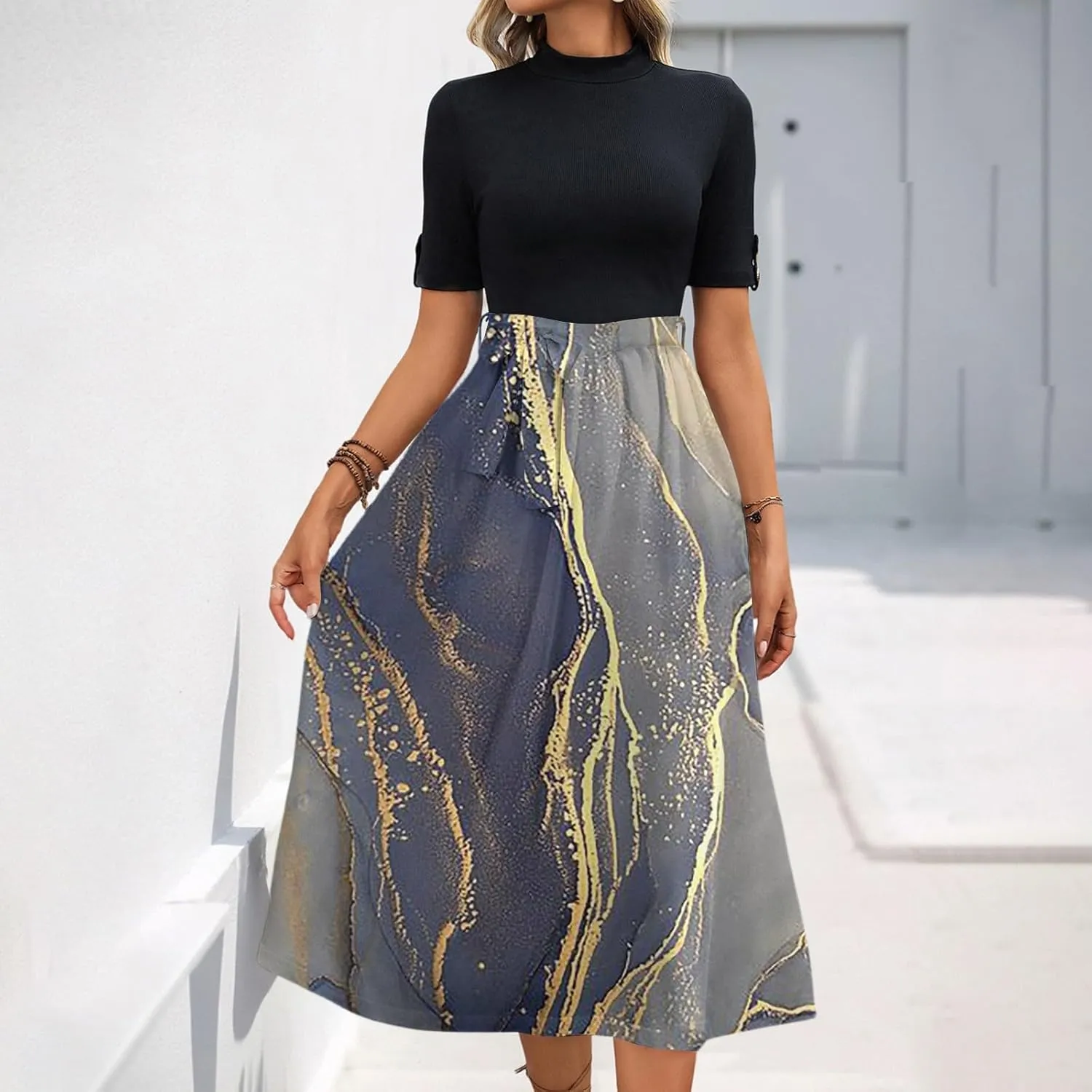 Floral Dresses Flowy Short Sleeve Empire Waist Summer Crewneck Midi Length Fashion Belted Sundresses for Women