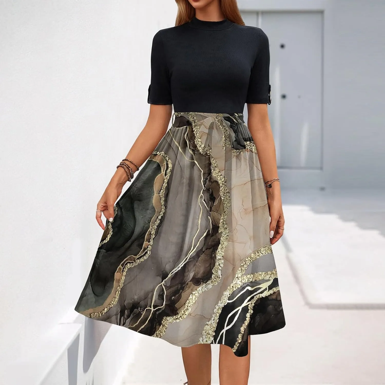 Floral Dresses Flowy Short Sleeve Empire Waist Summer Crewneck Midi Length Fashion Belted Sundresses for Women