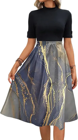 Floral Dresses Flowy Short Sleeve Empire Waist Summer Crewneck Midi Length Fashion Belted Sundresses for Women