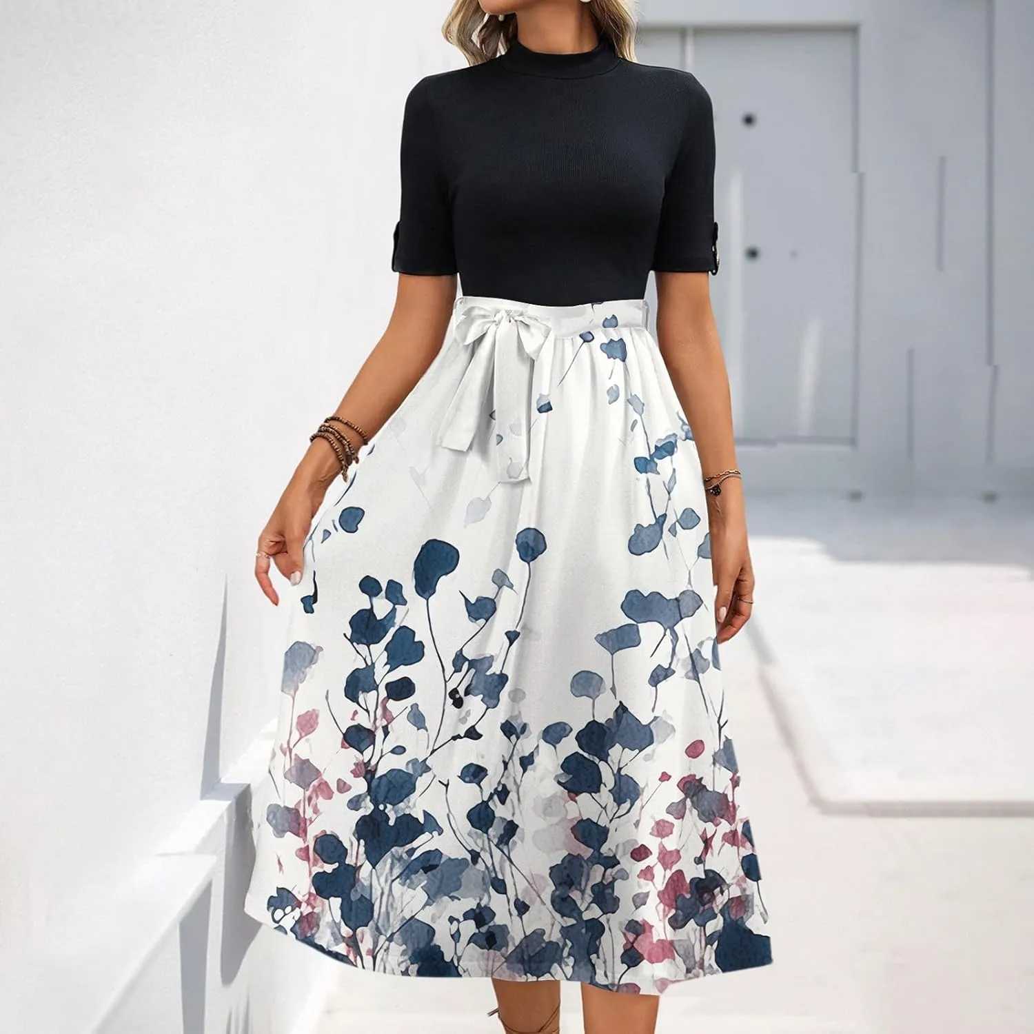 Floral Dresses Flowy Short Sleeve Empire Waist Summer Crewneck Midi Length Fashion Belted Sundresses for Women