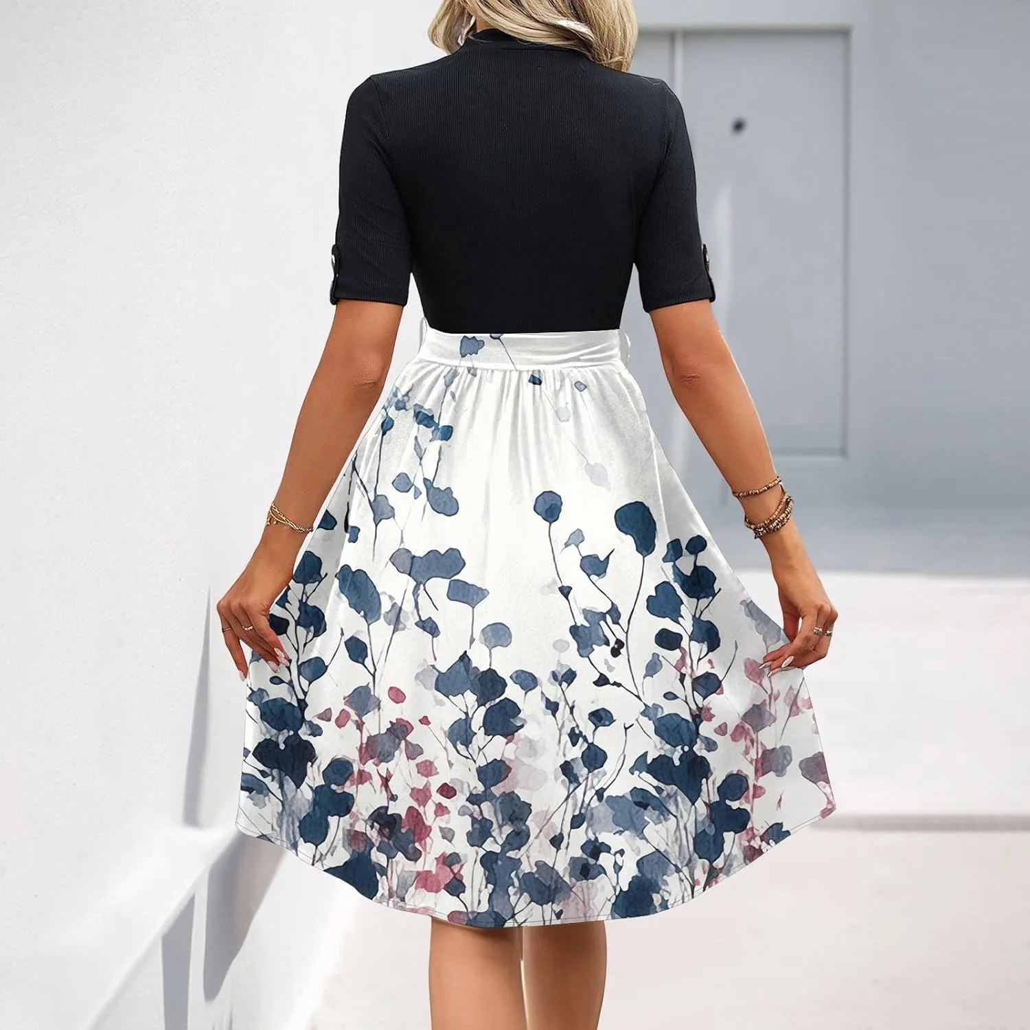 Floral Dresses Flowy Short Sleeve Empire Waist Summer Crewneck Midi Length Fashion Belted Sundresses for Women