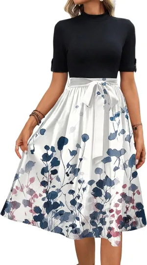 Floral Dresses Flowy Short Sleeve Empire Waist Summer Crewneck Midi Length Fashion Belted Sundresses for Women