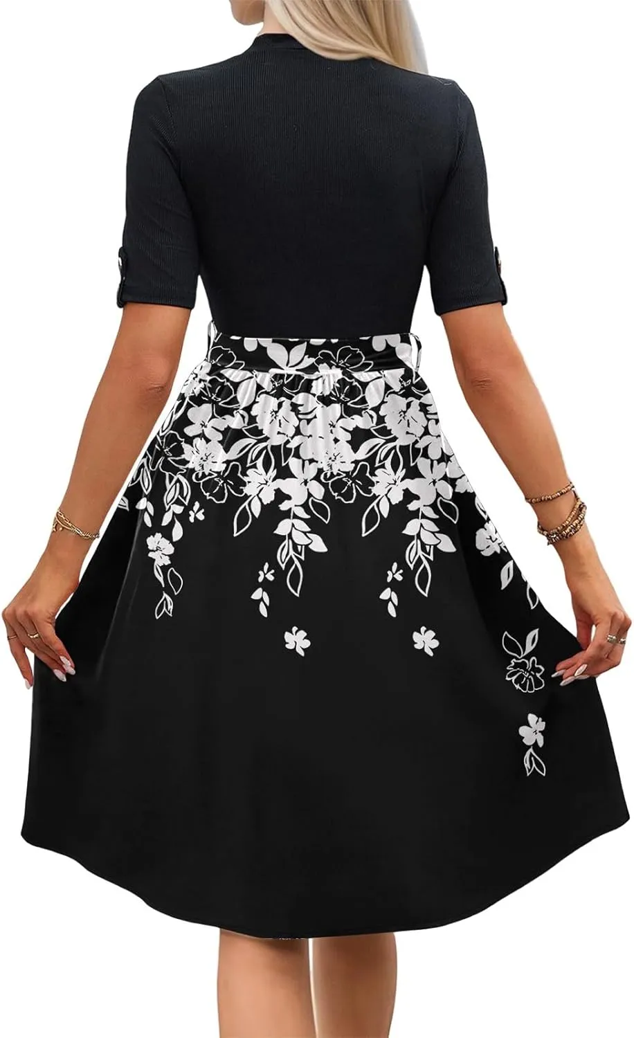 Floral Dresses Flowy Short Sleeve Empire Waist Summer Crewneck Midi Length Fashion Belted Sundresses for Women