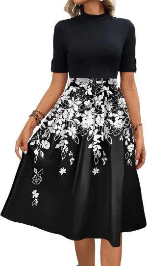 Floral Dresses Flowy Short Sleeve Empire Waist Summer Crewneck Midi Length Fashion Belted Sundresses for Women
