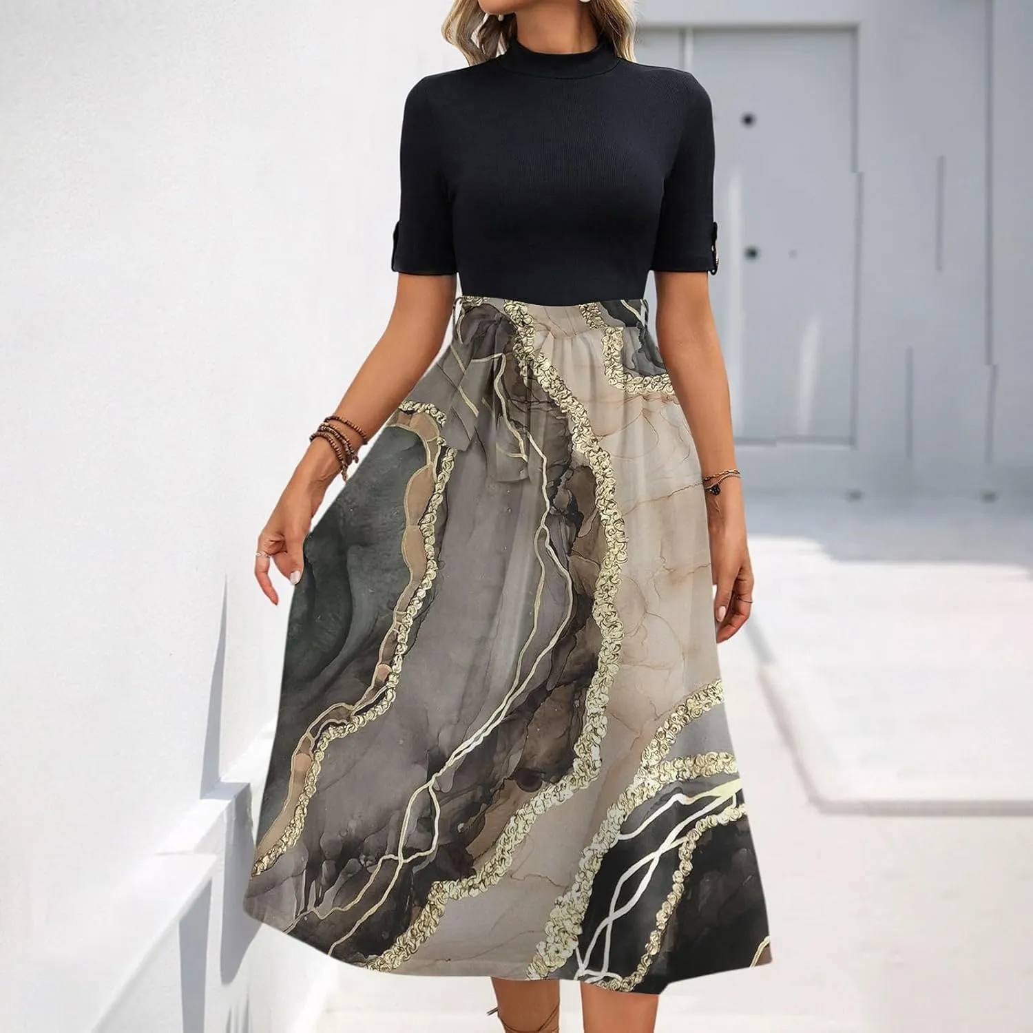 Floral Dresses Flowy Short Sleeve Empire Waist Summer Crewneck Midi Length Fashion Belted Sundresses for Women