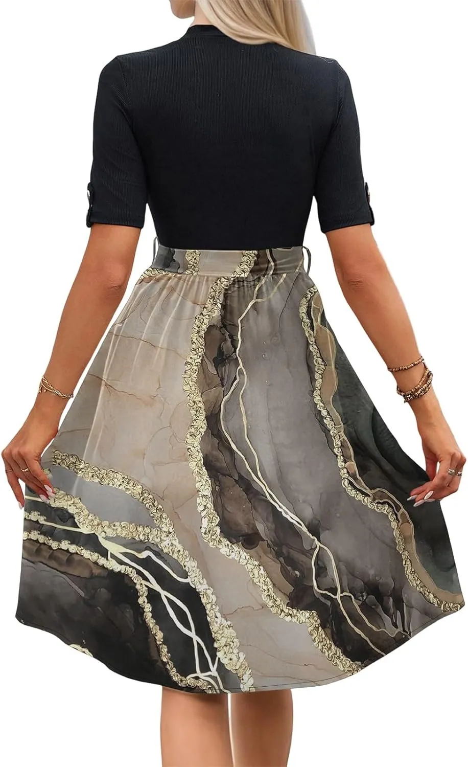 Floral Dresses Flowy Short Sleeve Empire Waist Summer Crewneck Midi Length Fashion Belted Sundresses for Women