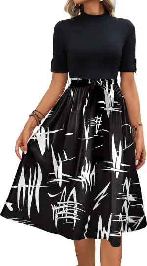 Floral Dresses Short Sleeve Empire Waist Summer Crewneck Fashion Belted Modest Sundresses Midi Length Dress