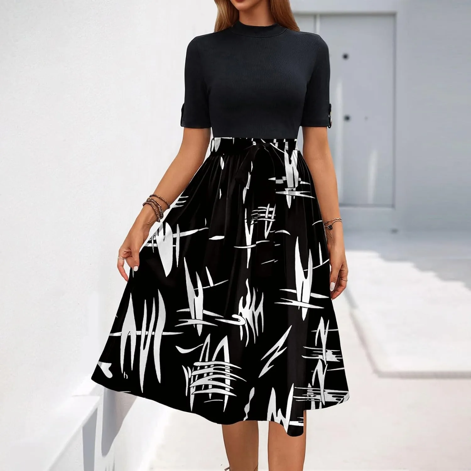 Floral Dresses Short Sleeve Empire Waist Summer Crewneck Fashion Belted Modest Sundresses Midi Length Dress