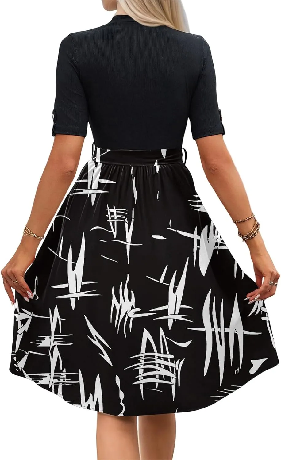 Floral Dresses Short Sleeve Empire Waist Summer Crewneck Fashion Belted Modest Sundresses Midi Length Dress