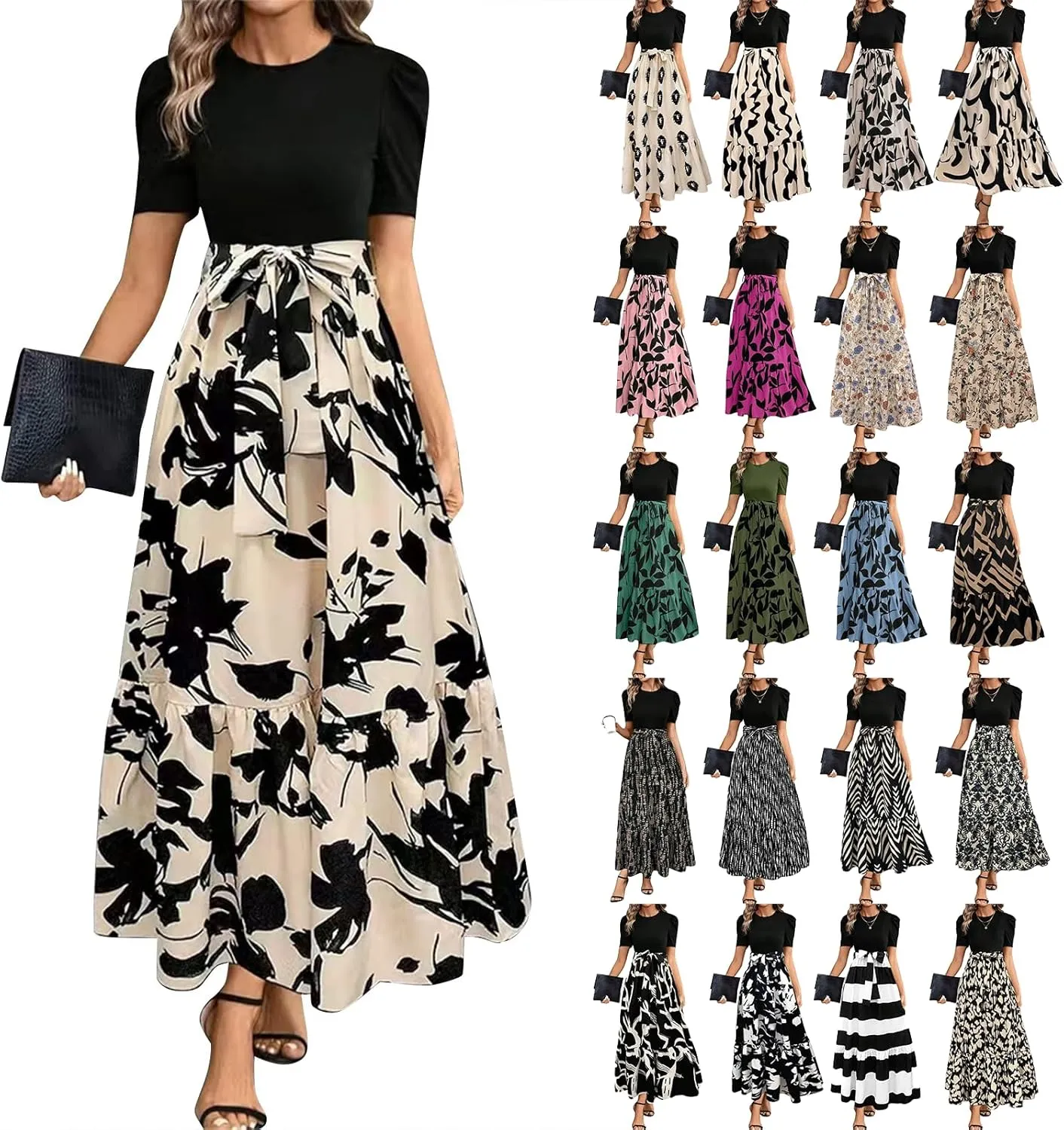 Floral Maxi Dress for Women Summer Wedding Guest Short Sleeve Empire Waist Tie Front Belted Patchwork Wrap Dress