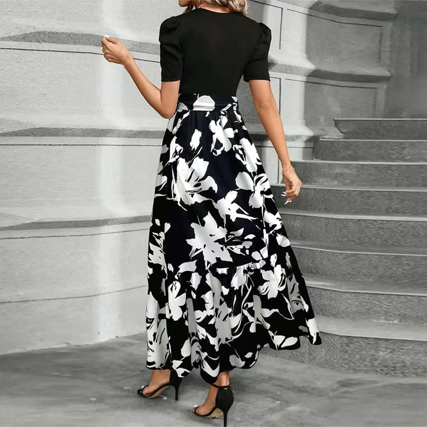 Floral Maxi Dress for Women Summer Wedding Guest Short Sleeve Empire Waist Tie Front Belted Patchwork Wrap Dress