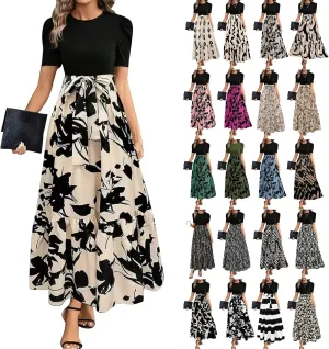 Floral Maxi Dress for Women Summer Wedding Guest Short Sleeve Empire Waist Tie Front Belted Patchwork Wrap Dress