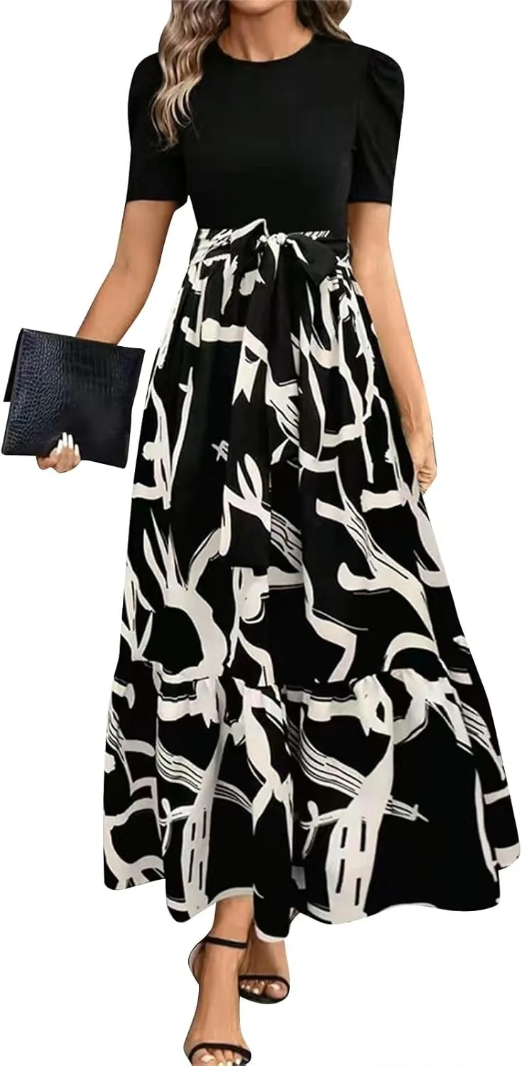 Floral Maxi Dress for Women Summer Wedding Guest Short Sleeve Empire Waist Tie Front Belted Patchwork Wrap Dress
