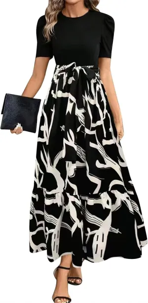 Floral Maxi Dress for Women Summer Wedding Guest Short Sleeve Empire Waist Tie Front Belted Patchwork Wrap Dress