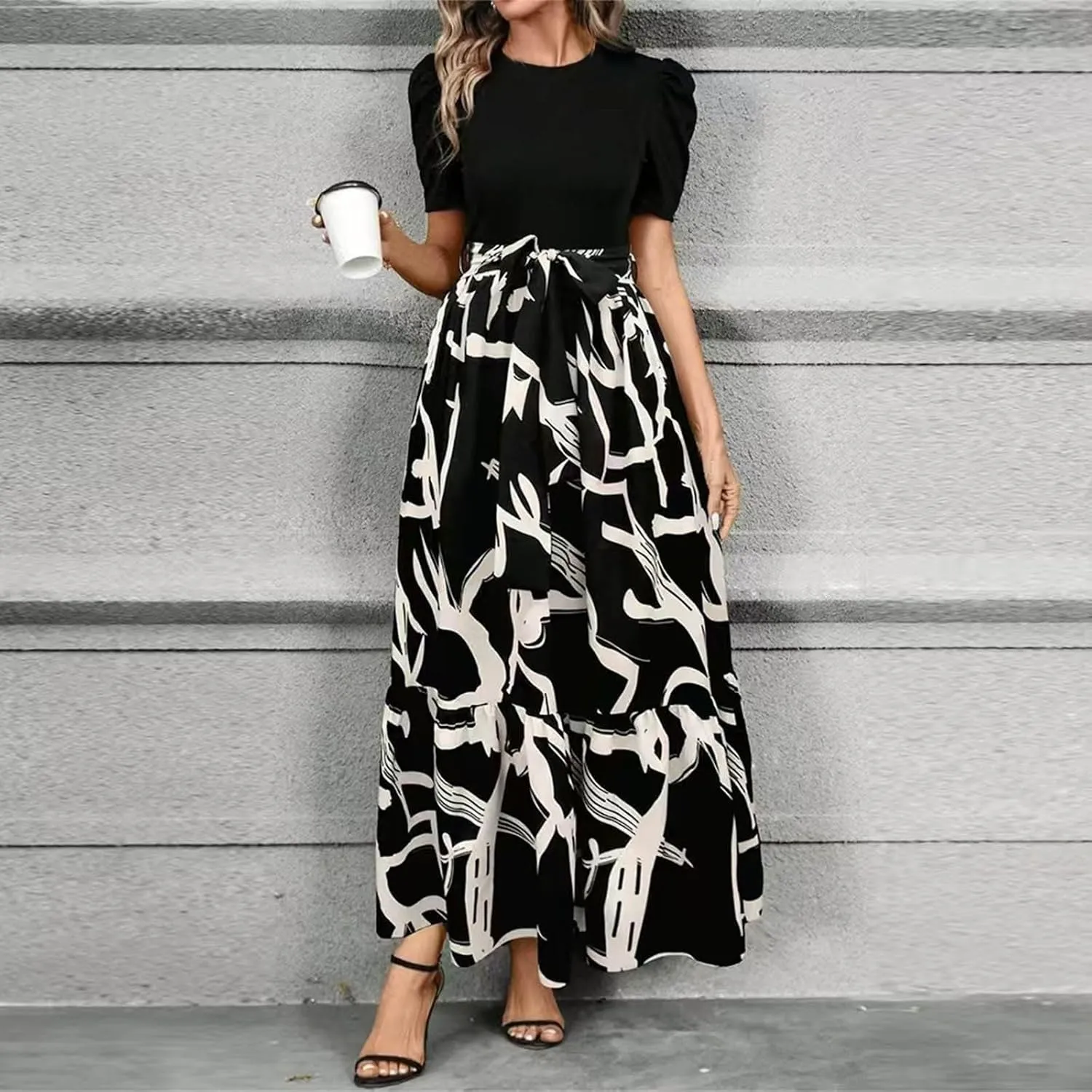 Floral Maxi Dress for Women Summer Wedding Guest Short Sleeve Empire Waist Tie Front Belted Patchwork Wrap Dress
