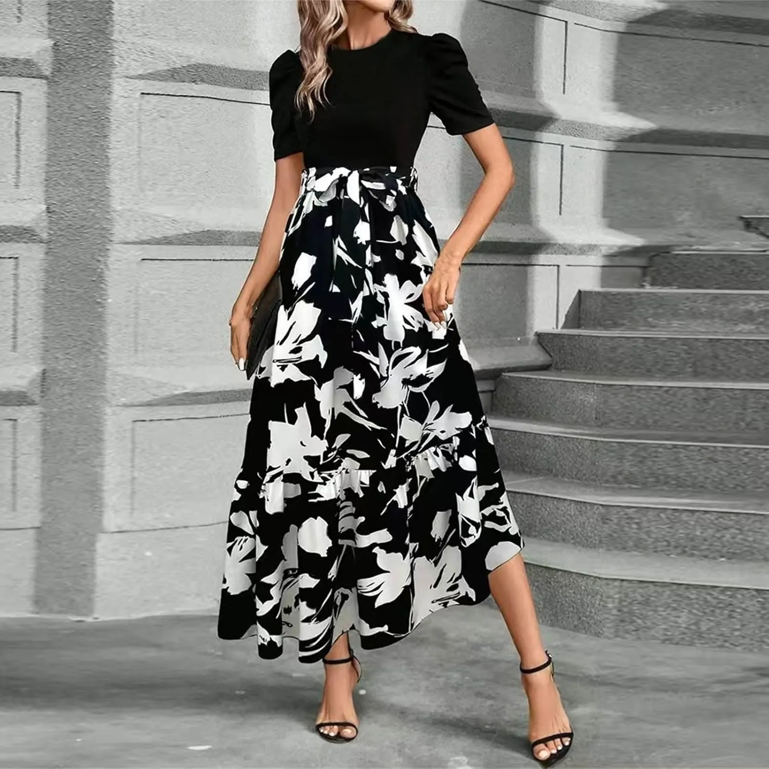Floral Maxi Dress for Women Summer Wedding Guest Short Sleeve Empire Waist Tie Front Belted Patchwork Wrap Dress