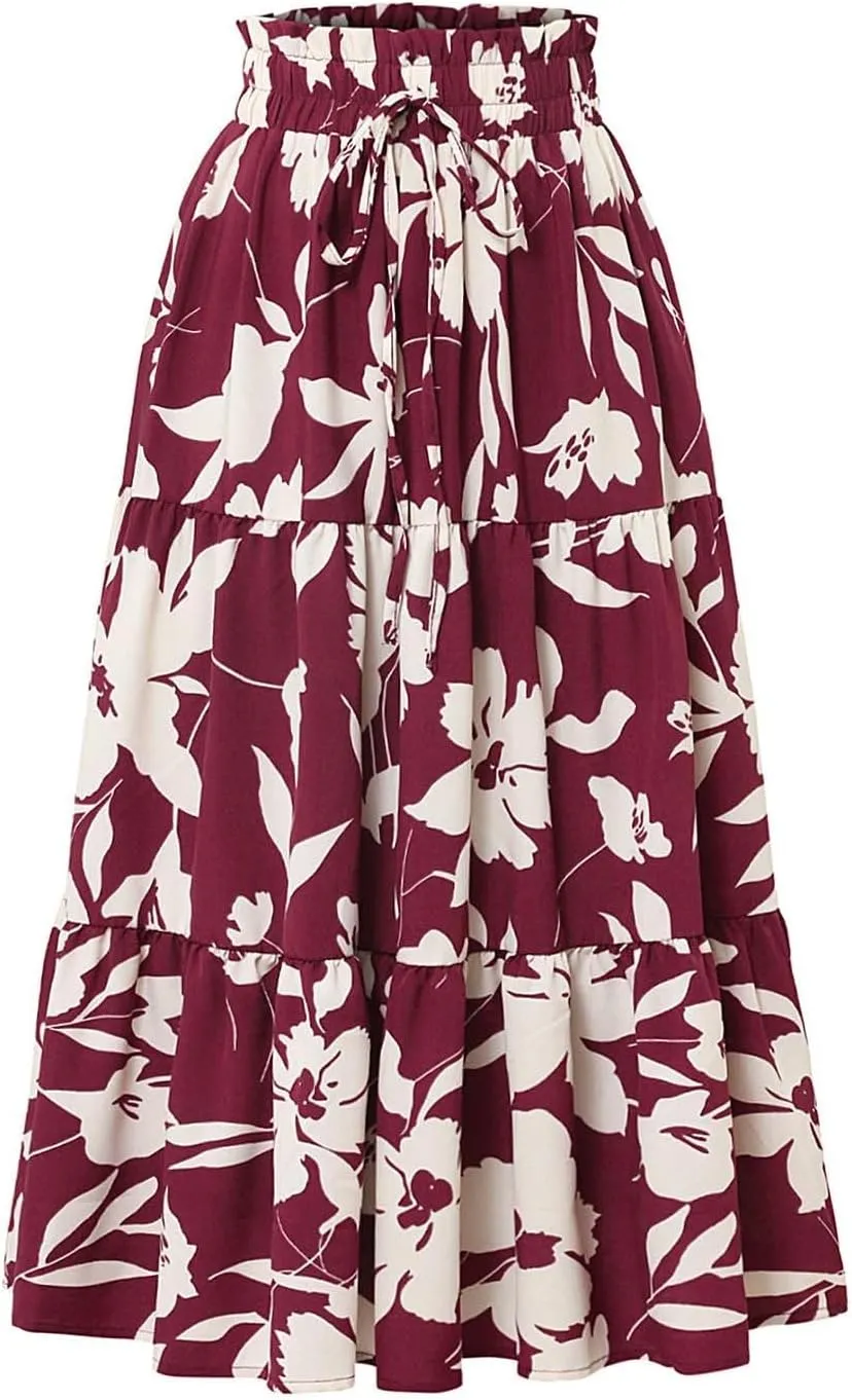 Floral Maxi Skirt for Women Summer Comfy Tiered Elastic High Waisted Skirts Vacation A-Line Flowy Swing Long Skirts