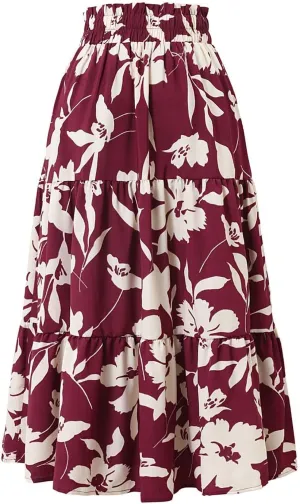 Floral Maxi Skirt for Women Summer Comfy Tiered Elastic High Waisted Skirts Vacation A-Line Flowy Swing Long Skirts