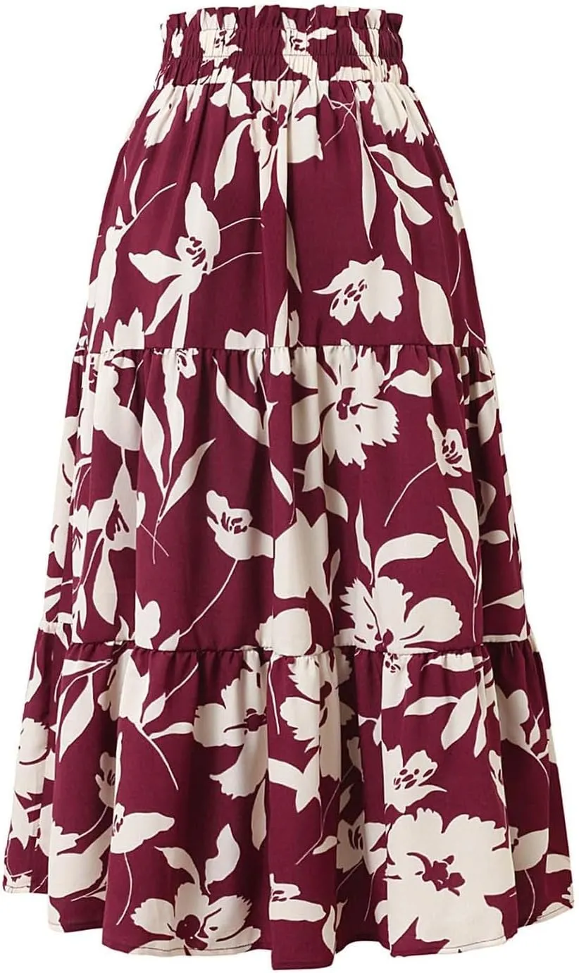 Floral Maxi Skirt for Women Summer Comfy Tiered Elastic High Waisted Skirts Vacation A-Line Flowy Swing Long Skirts