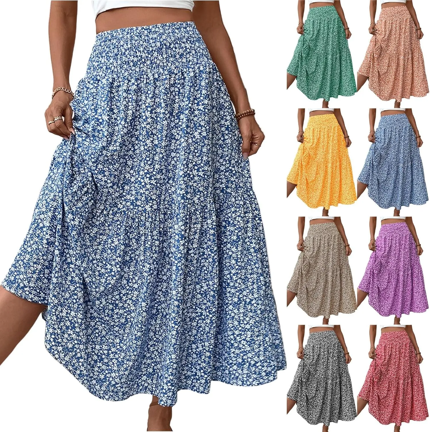 Floral Skirts for Women 2025 Boho Summer Maxi Skirts High Waisted Wrap Pleated Dresses Holiday Vacation Clothes