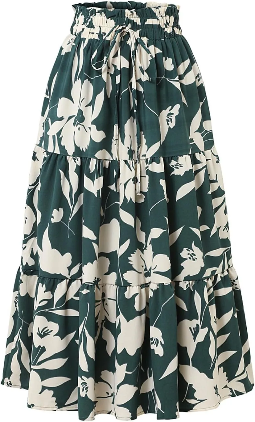 Floral Skirts for Women Swing Beach Flutter Travel Elastic Waist Going Out Smocked Country Casual Vacation Cute Skirts