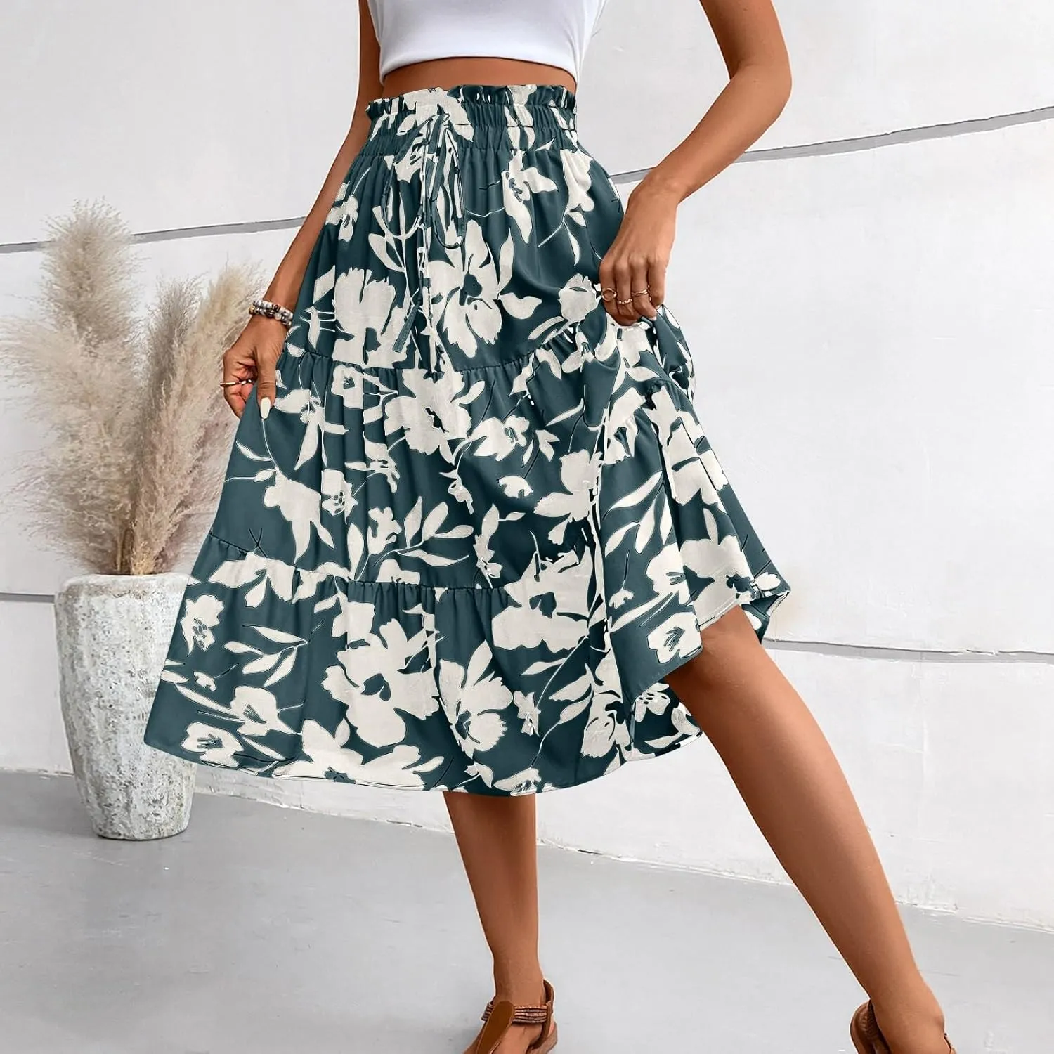 Floral Skirts for Women Swing Beach Flutter Travel Elastic Waist Going Out Smocked Country Casual Vacation Cute Skirts