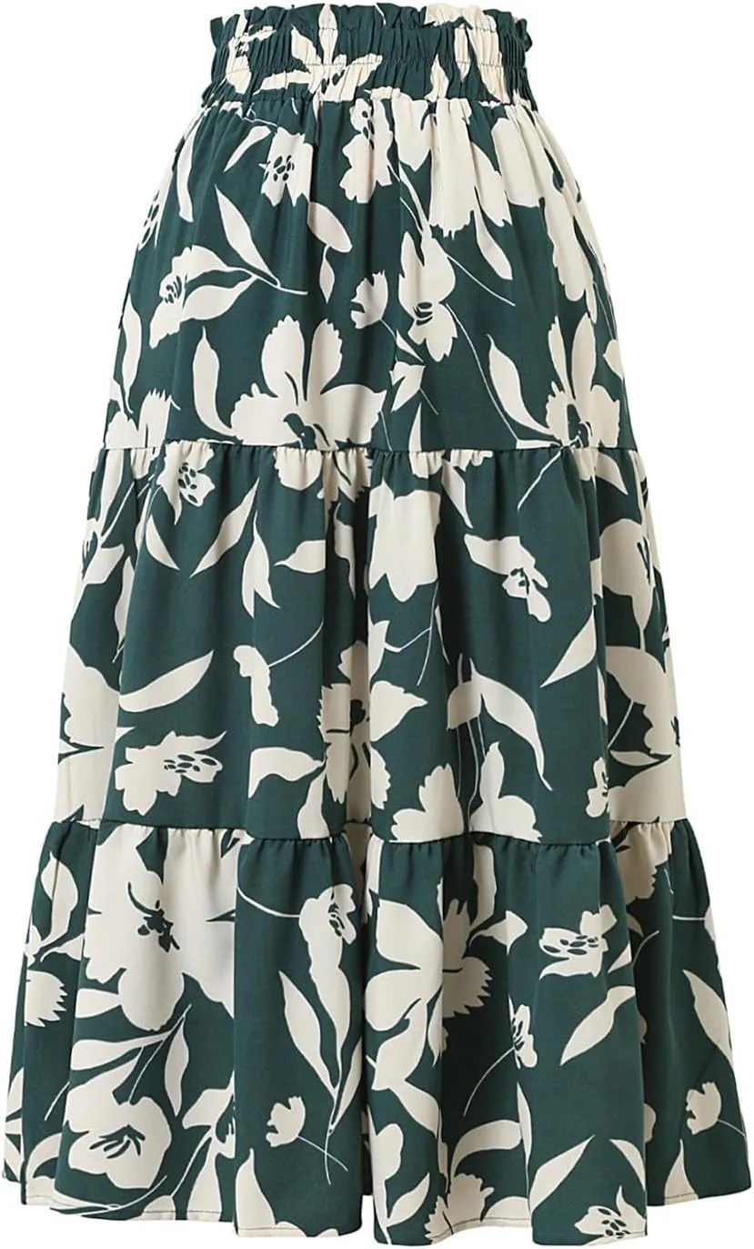 Floral Skirts for Women Swing Beach Flutter Travel Elastic Waist Going Out Smocked Country Casual Vacation Cute Skirts