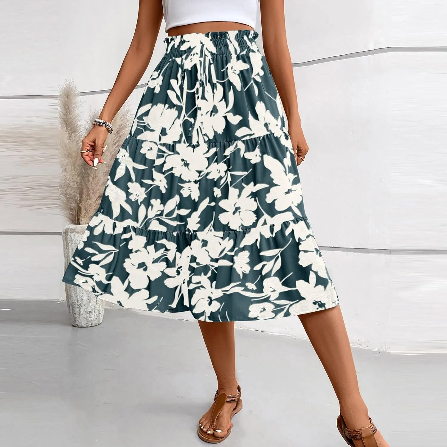 Floral Skirts for Women Swing Beach Flutter Travel Elastic Waist Going Out Smocked Country Casual Vacation Cute Skirts