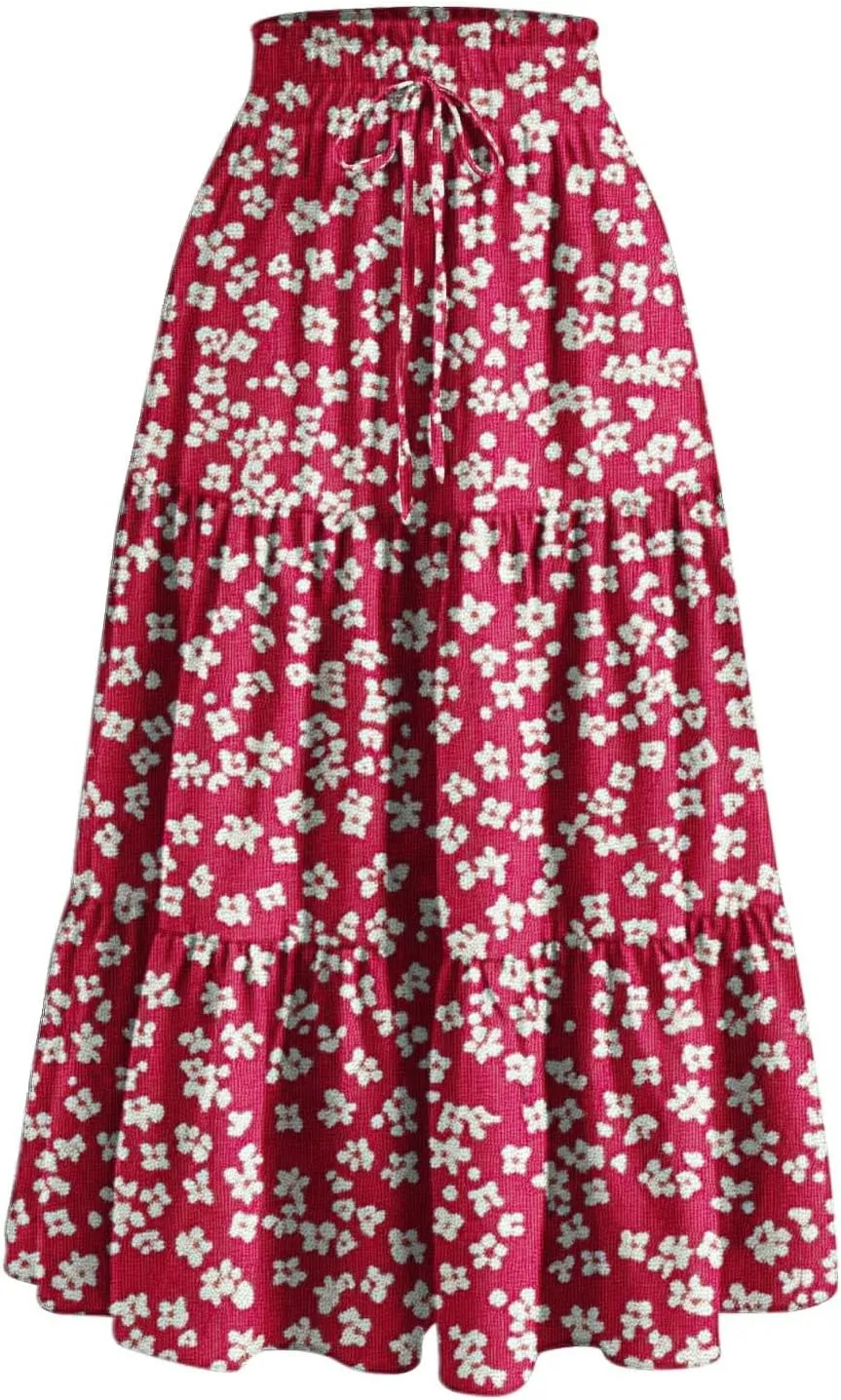 Flowy Boho Midi Skirts for Women Casual Elastic High Waisted Floral Printed Pleated Tiered Wrap A Line Skirt