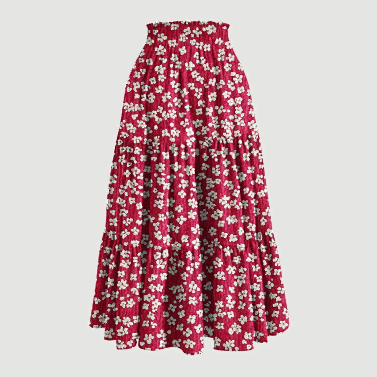 Flowy Boho Midi Skirts for Women Casual Elastic High Waisted Floral Printed Pleated Tiered Wrap A Line Skirt