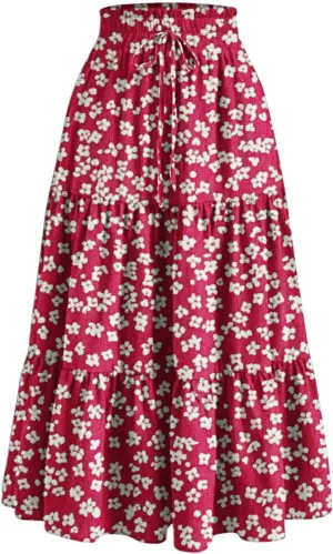Flowy Boho Midi Skirts for Women Casual Elastic High Waisted Floral Printed Pleated Tiered Wrap A Line Skirt