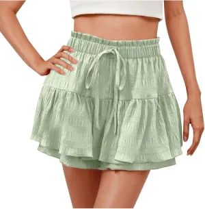 Flowy Shorts for Women Casual Boho Ruffle Tiered Skorts High Waisted Ruffle Tennis Skirts Drawstring Summer Skirt