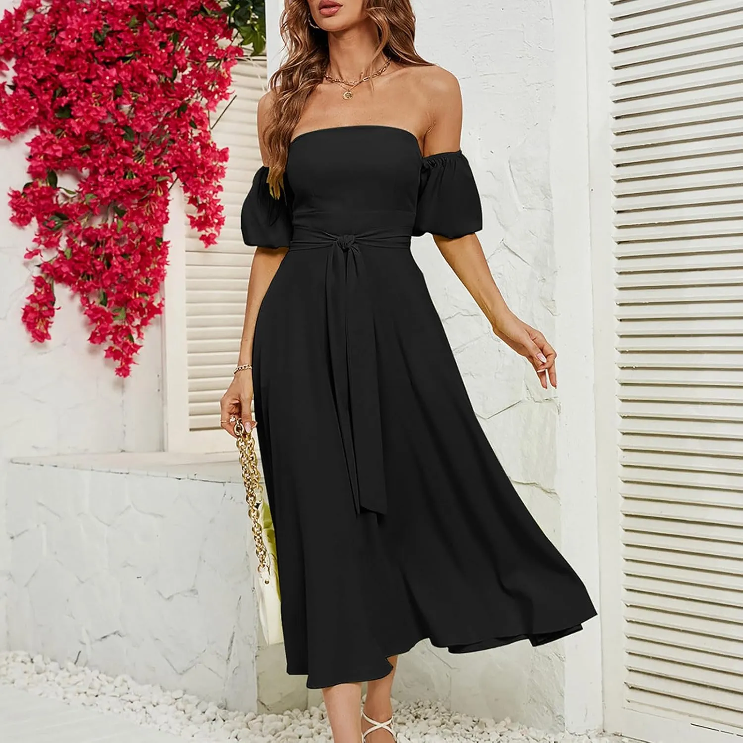Formal Dresses for Women 2025 Summer Cotton Lantern Sleeves Dresses Swing Off Shoulder Dress Trendy Party Sundress
