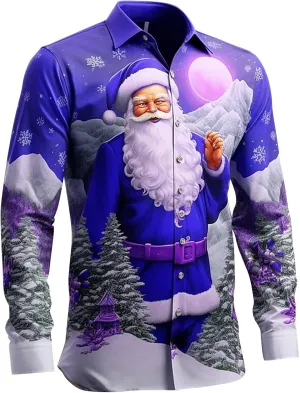 Funny Christmas Shirts for Men 2024 Long Sleeve Fun Printed Hawaiian Santa Shirt Santa Printed Vintage Tops
